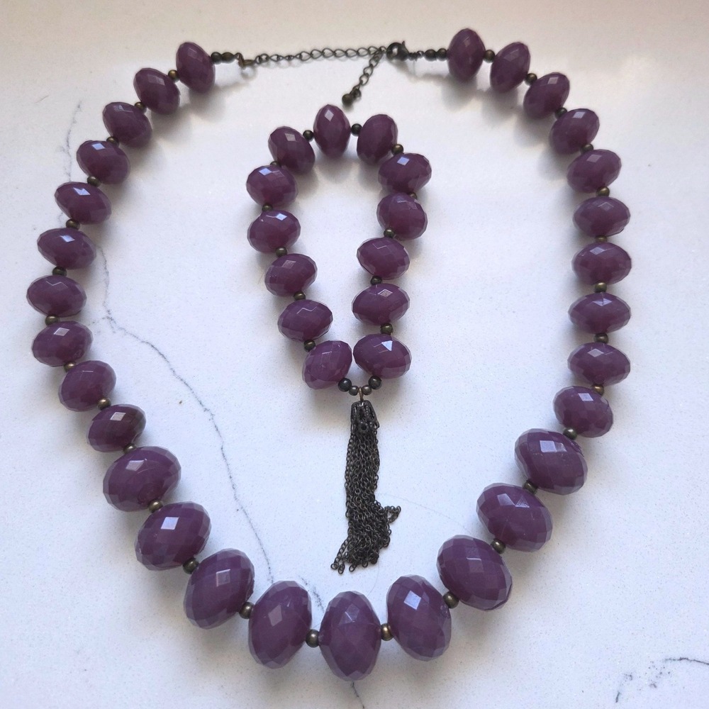 VTG Avon Purple Faceted Bead Necklace Tassel Bracelet Jewelry Set Brass Tone